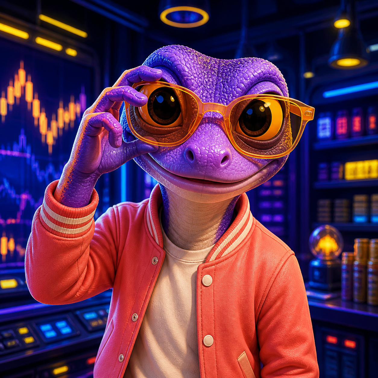 Gecko adjusting amber sunglasses in a neon market room